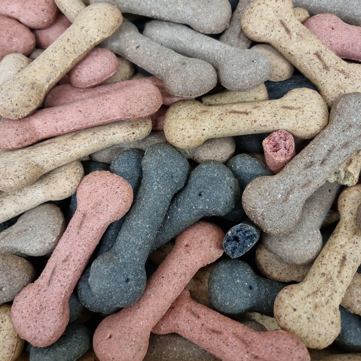Assorted large bone-shaped dog biscuits in beige, pink, gray, and black colors