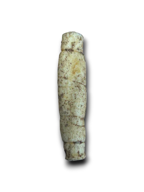 Close-up of a weathered, carved cylindrical bone artifact with segmented markings on a black background