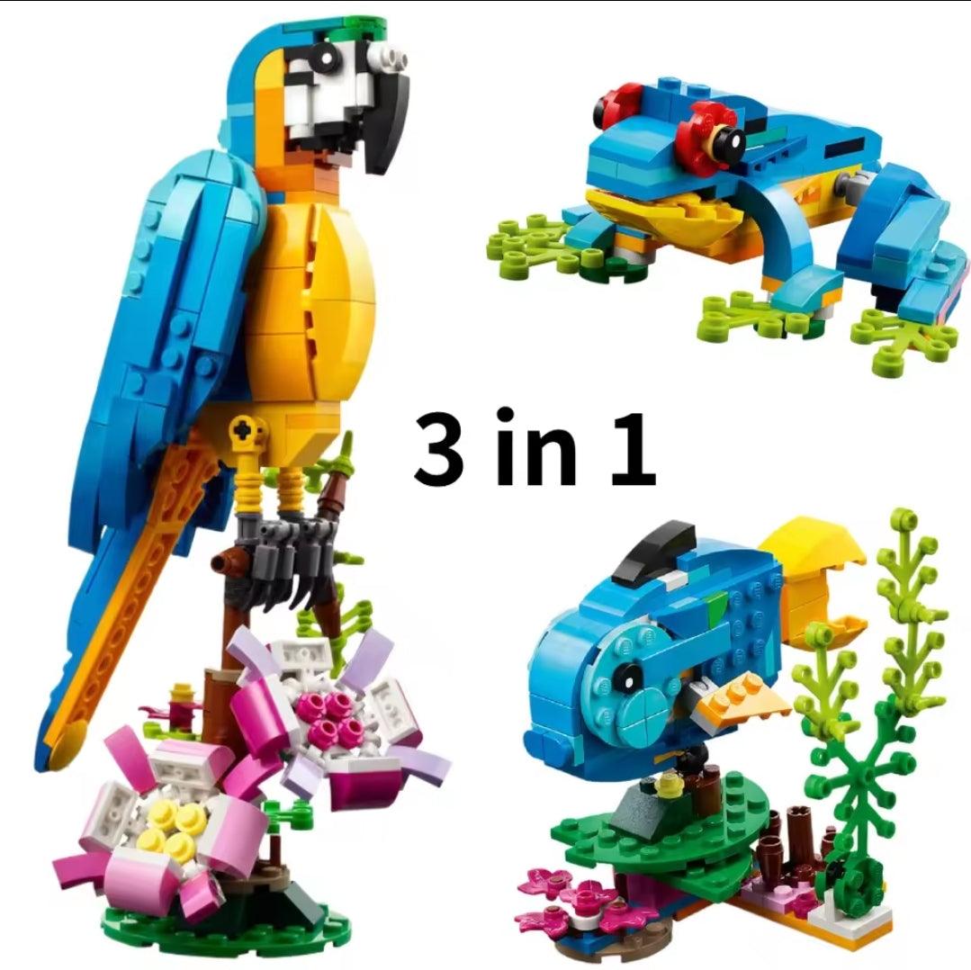 3-in-1 building set of parrot, frog, and fish made from colorful toy building blocks