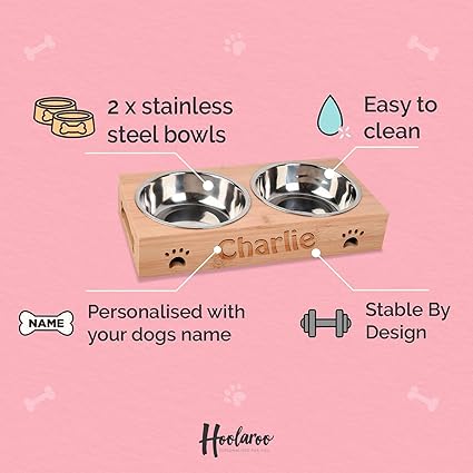 Personalised Dog Bowls - Large Engraved Feeding Station - Bamboo Double Stainless Steel