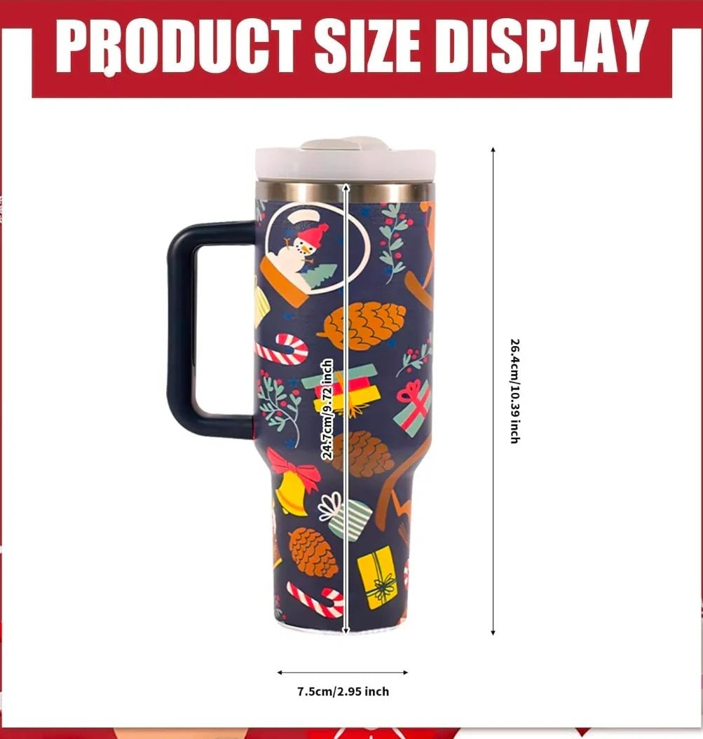 Christmas-themed travel mug with snowman, pinecones, candy canes, and gifts, showing size dimensions