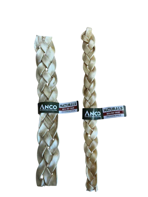 Two ANCO Naturals Mega Beef Sraid dog chews with braided natural beef hide packaging