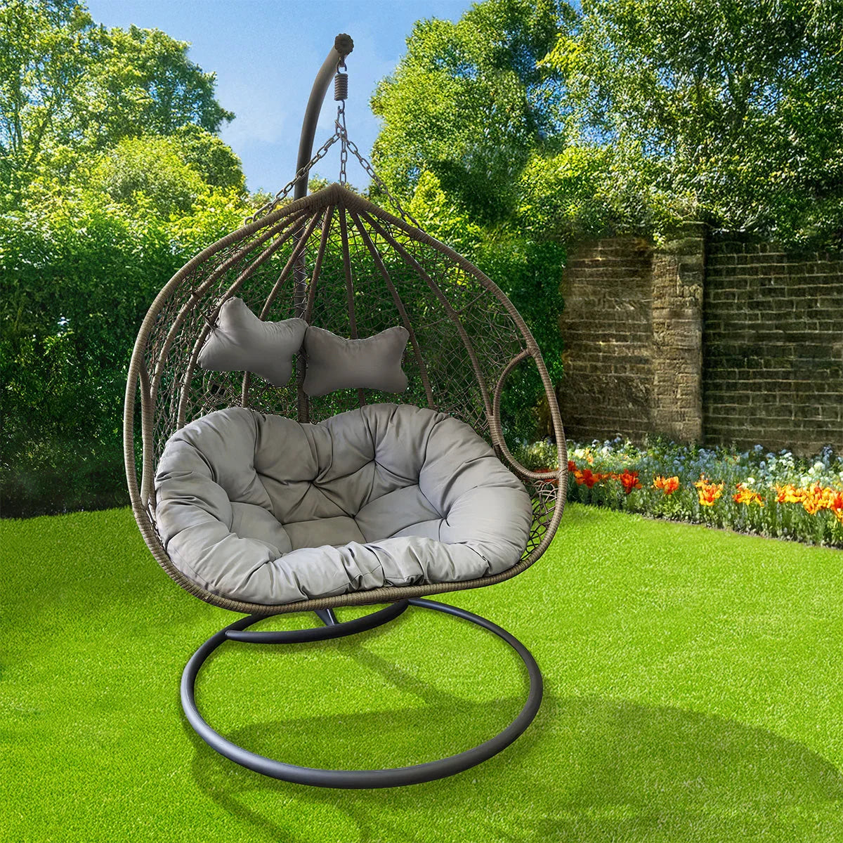 Contemporary Garden Egg Chair Steel and Wicker by Croft - 2 Seats Grey Cushions