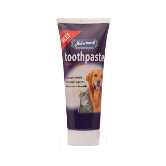 Johnson's beef flavored veterinary toothpaste for dogs and cats with triple action cleaning