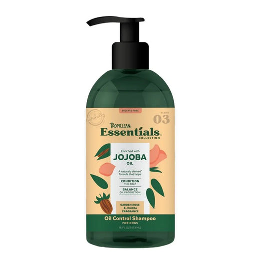 TropiClean Essentials oil control shampoo for dogs with jojoba oil and garden rose fragrance