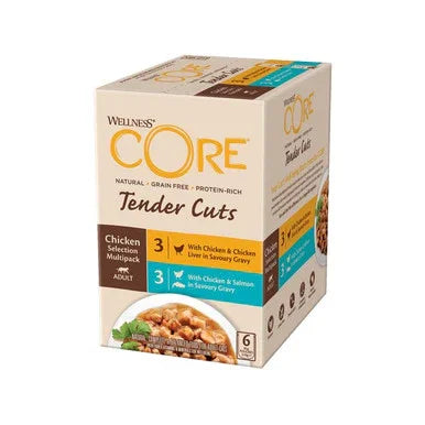 Wellness Core Tender Cuts natural grain-free protein-rich dog food multipack with chicken and salmon in savory gravy