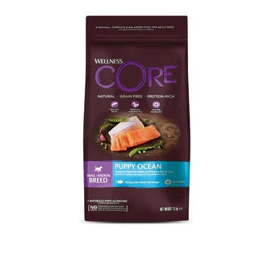 Wellness CORE Puppy Ocean dog food bag with salmon, grain-free, protein-rich formula for small-medium breeds