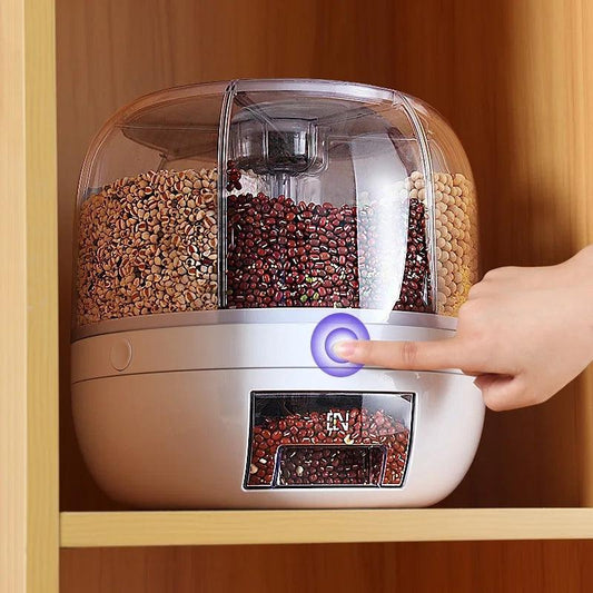 360 rotating pet food dispenser with moisture-proof storage compartments in wooden cabinet