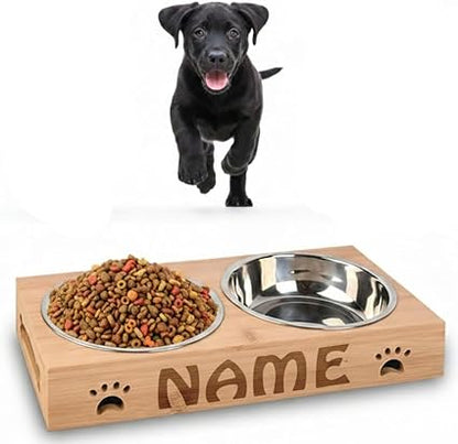Personalised Dog Bowls - Large Engraved Feeding Station - Bamboo Double Stainless Steel