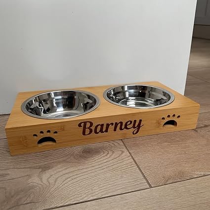 Personalised Dog Bowls - Large Engraved Feeding Station - Bamboo Double Stainless Steel