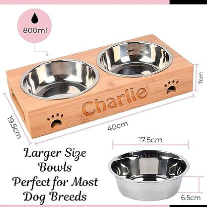 Personalised Dog Bowls - Large Engraved Feeding Station - Bamboo Double Stainless Steel
