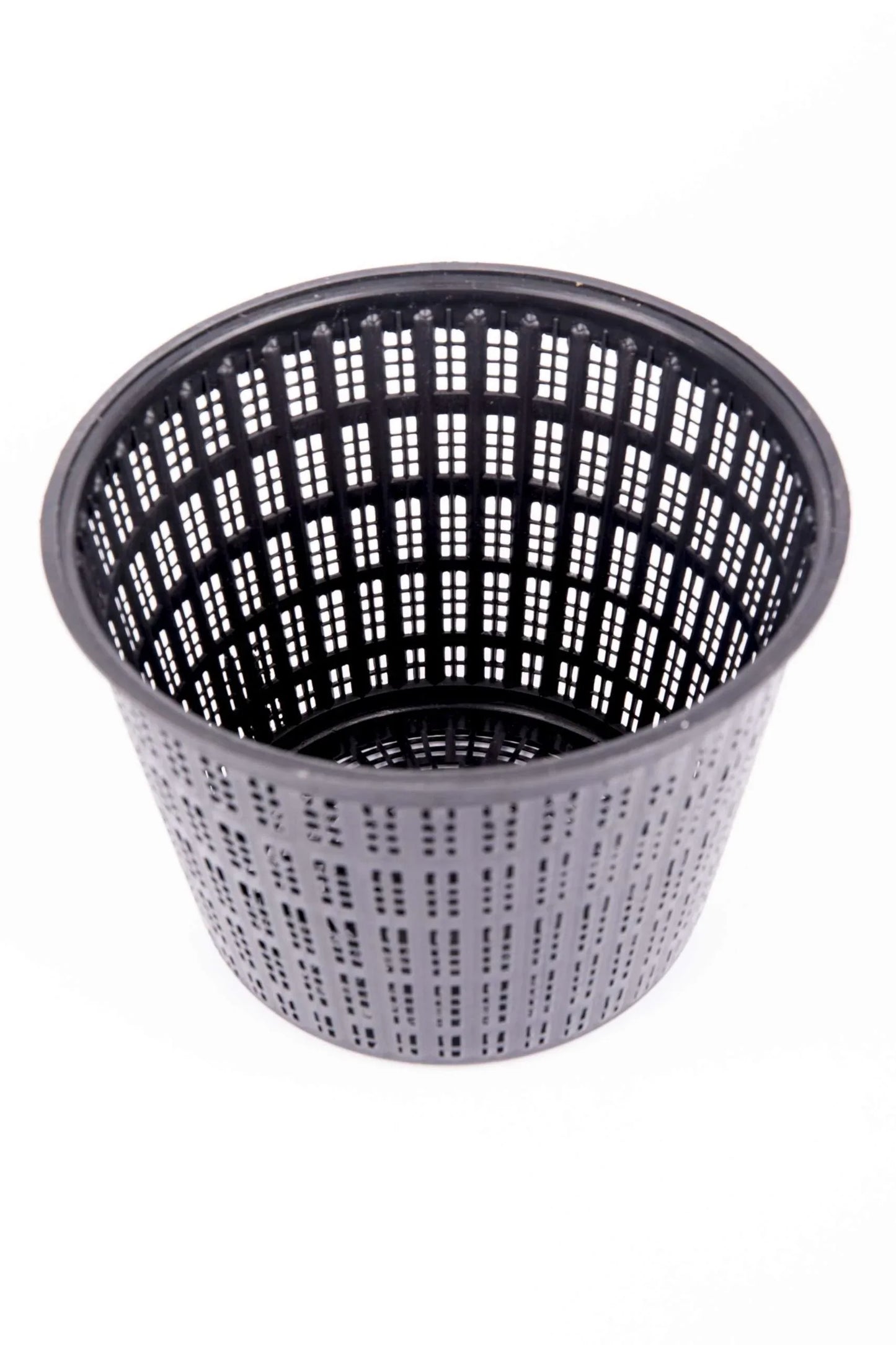 Black plastic mesh net pot with grid pattern for hydroponic gardening on white background