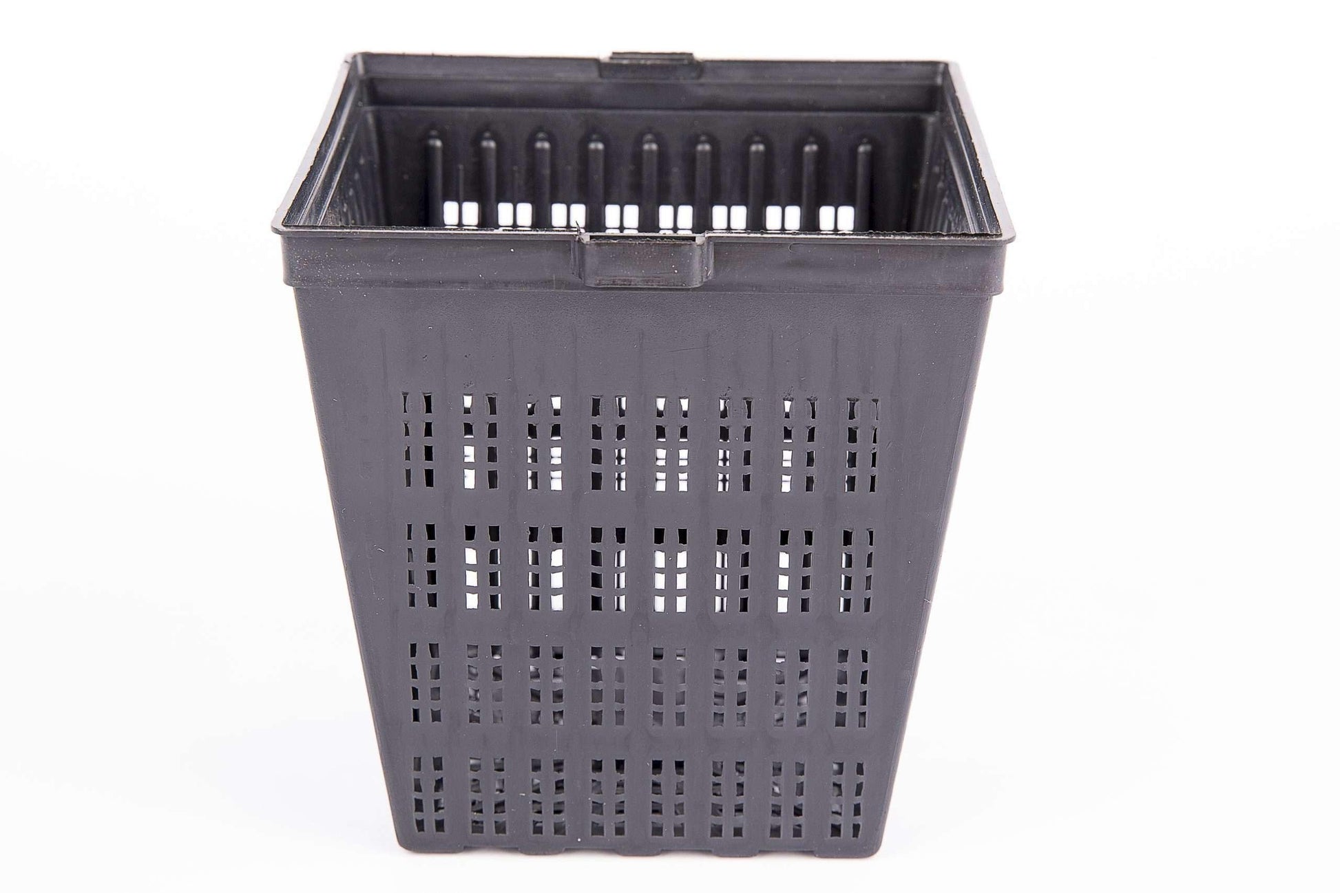 black plastic perforated basket container with grid pattern on white background