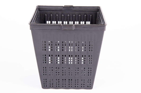 black plastic perforated basket container with grid pattern on white background