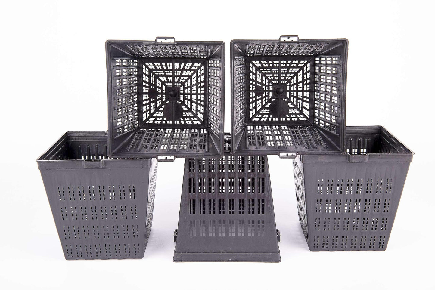 Set of five black plastic aeroponic grow baskets with slotted ventilation for hydroponic gardening