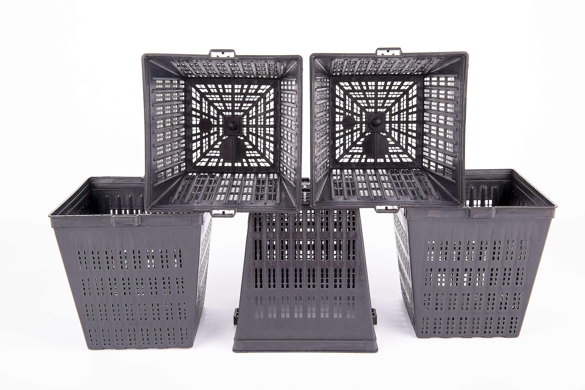 Set of five black plastic aeroponic grow baskets with slotted ventilation for hydroponic gardening