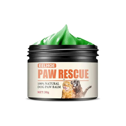 Eelhoe Paw Rescue natural dog paw balm in jar with green balm cream, cat and dog images
