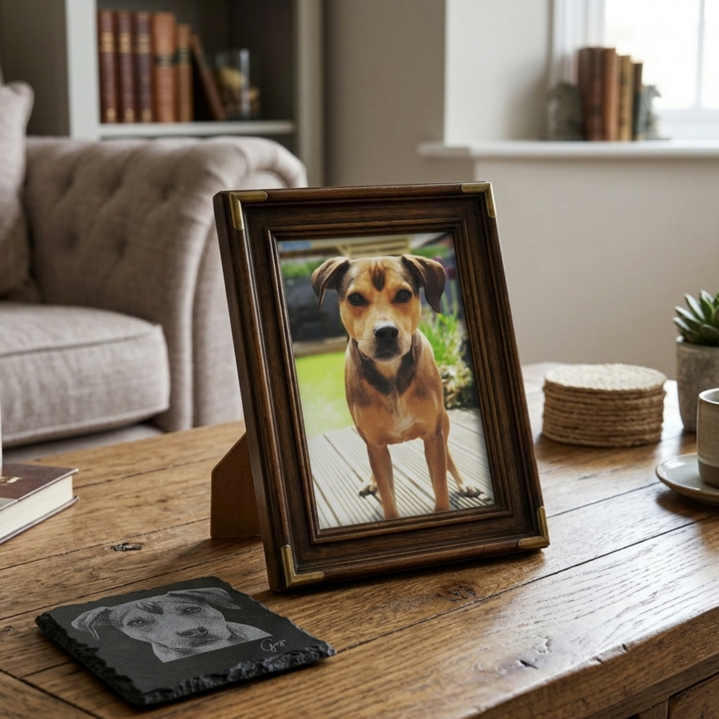 Custom Pet Portrait Slate Coaster | Personalised Laser Engraved Gift with Pet's Name