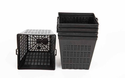 Stack of black plastic square pots with drainage holes, one pot shown on its side