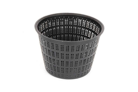 Black plastic perforated planting pot with round shape on a white background