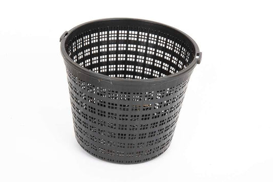 Black plastic perforated plant pot with grid pattern on white background