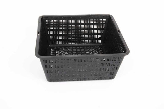 Black plastic ventilated storage basket with square holes on white background