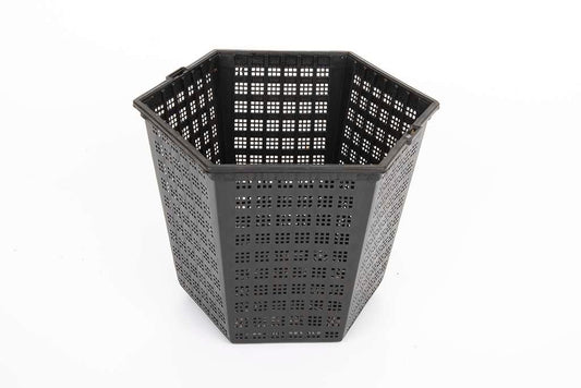 Black hexagonal plastic perforated basket on white background for storage or organization