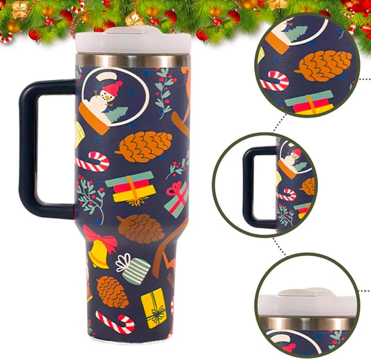 Holiday-themed insulated travel mug with snowman, gifts, candy canes, pine cones, and bell design