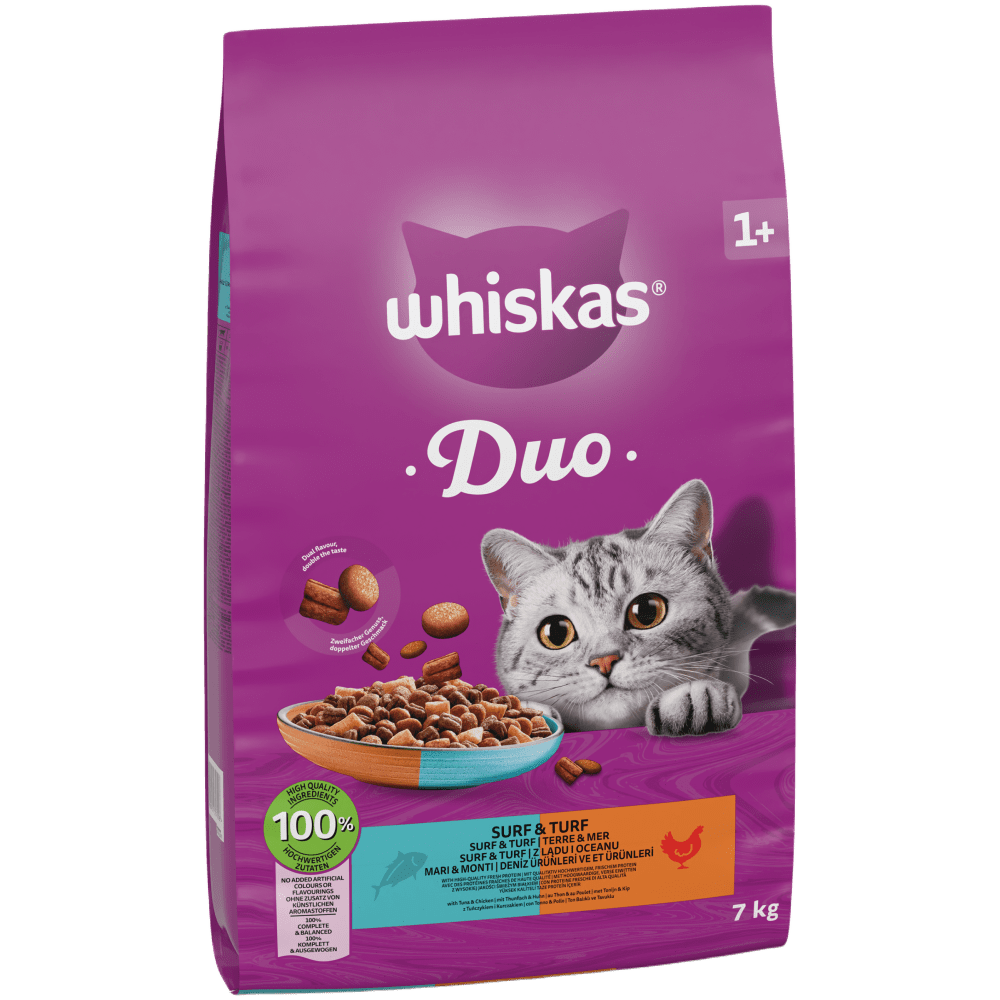 WHISKAS 1+ Cat Complete Dry DUO Surf & Turf – 800g / 7kg