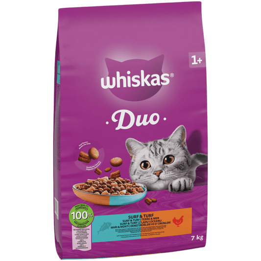 WHISKAS 1+ Cat Complete Dry DUO Surf & Turf – 800g / 7kg