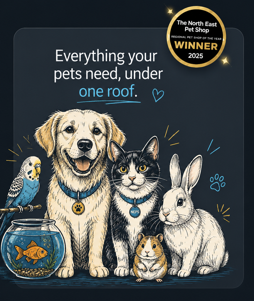 Hand-drawn pet family hero illustration with a dog, cat, rabbit, hamster, bird and fish, plus the winner badge
